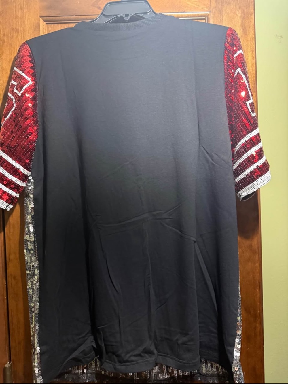 K C Chiefs Sequin Football Jersey Tee/ Dress with Number 15 - Silver & Red - Picture 5 of 5